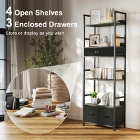 HOMCOM Industrial Style Bookcase, with 4 Shelves and 3 Fabric Drawers - Grey/Black(m-4)