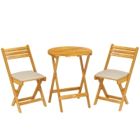 Outsunny Balkonmöbel Set 3 teilig FSC Holz klappbar Gartenmöbel Set mit runder Tisch 2 Stühle Sitzkissen Atmungsaktiv Lamellsitz