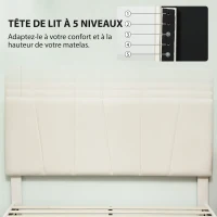 HOMCOM Cadre de lit double 140 x 190 cm lit 2 personnes tête de lit réglable sommier 150 x 198 x 101/106/111/116/121 cm crème(m-4)