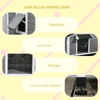 PawHut Cusca pentru Caini Talie Mica si Medie din Lemn de Brad, Design Inaltat cu Perdea de Protectie, 2 Ferestre si Baza Detasabila, 109x79x72 cm(m-5)