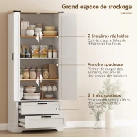 HOMCOM Buffet haut cuisine, armoire de cuisine avec 2 portes, 2 tiroirs, étagères réglables, style rustique, 76x40x180cm, blanc(m-4)