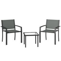 Outsunny Conjunto de Mesa y Sillas de Terraza Exterior 3 Piezas con 2 Sillas de Textilene Mesa de Vidrio Templado Gris Claro
