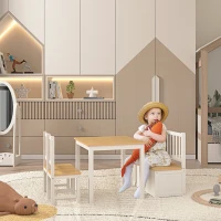HOMCOM Mesa y Sillas Infantiles de 4 Piezas Mesa Infantil con 2 Sillas y Banco con Almacenaje Juego de Muebles para Actividades para Niños de +3 Años para Dormitorio Sala de Juegos Blanco y Natural(m-2)