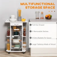 HOMCOM Multi-storage kitchen service cart on casters 4 metal baskets drawer + 4 bottle racks pine wood white tiled top(m-4)