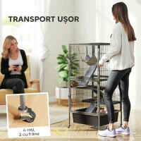 PawHut Cușcă pentru Animale Mici cu 4 Niveluri, Rampe, Platforme, Hamac și Roți, 52x52x115 cm, Gri(m-7)