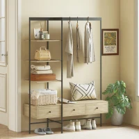 HOMCOM Porte-manteau avec étagères, tiroirs et tringle, portemanteau autoportant 180 cm style moderne, cadre métallique, Chêne(m-2)