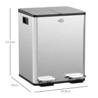 HOMCOM 2 x 20 L Doppelmülleimer, Pedalöffnung, leicht zu reinigen, Edelstahl, Kunststoff, Silber(m-3)