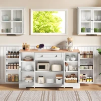 Multifunktionales Küchenbuffet, mit Schublade und Regaltüren, Modernes Design, 138 x 40 x 85 cm, Weiß+Naturfarbe(m-6)