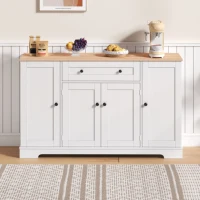 Multifunktionales Küchenbuffet, mit Schublade und Regaltüren, Modernes Design, 138 x 40 x 85 cm, Weiß+Naturfarbe(m-2)