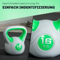 SPORTNOW Kettlebell, Kettlebell, 16 kg, platte onderzijde, groot handvat, gewichtskogel, groen, 27 x 17 x 31 cm(m-5)