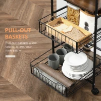 HOMCOM 4-Tier Rolling Kitchen Cart with 2 Baskets, Shelves and Side Hooks, 40 x 38 x 111 cm, walnut(m-6)