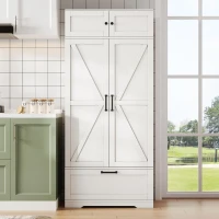 Freistehender Küchenaufbewahrungsschrank mit Weinregal, verstellbaren Einlegeböden und Flügeltüren, 80x40x180 cm, Weiß(m-4)