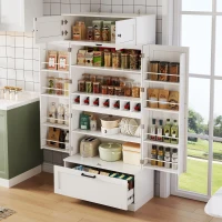 Freistehender Küchenaufbewahrungsschrank mit Weinregal, verstellbaren Einlegeböden und Flügeltüren, 80x40x180 cm, Weiß(m-8)