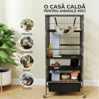 PawHut Cușcă pentru Animale Mici cu 4 Niveluri, Rampe, Platforme, Hamac și Roți, 52x52x115 cm, Gri(m-4)