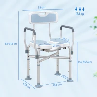 HOMCOM Tabouret de douche, tabouret de bain avec siège rembourrée en U amélioré et accoudoirs, hauteur réglable, bleu(m-3)