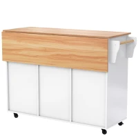 Großer Kücheninsel mit klappbarer Verlängerungsplatte, 5 Rollen (2 feststellbar) , 129x46/71x91,5 cm, Weiß+Naturfarbe(m-10)