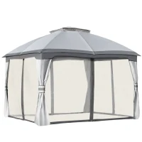 Outsunny 3.7 x 3(m) Metal Gazebo Canopy Party Tent Garden Patio Shelter with Netting Sidewalls & Double Tiered Roof, Grey(m-10)