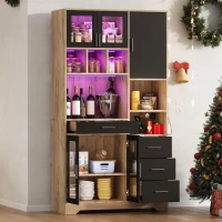 Vintage-Hochschrank im Bauernhausstil, LED-Lichtleiste mit Farbwechsel, 100 x 40 x 185 cm, Schwarz+Naturfarbe(m-5)