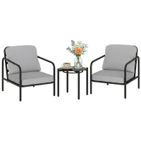 Outsunny Set bistro 3 pièces en acier avec 2 chaises à coussins épais, table basse avec plateau en verre trempé Noir(m-6)
