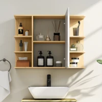 HOMCOM Bathroom Mirror Cabinet with Open Storage Shelves - Natural Wood Finish(m-7)