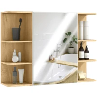 HOMCOM Bathroom Mirror Cabinet with Open Storage Shelves - Natural Wood Finish(m-10)