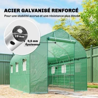 Outsunny Serre tunnel de jardin 6m², serre de jardin avec étagères, porte et 6 fenêtres, cadre en acier galvanisé, vert(m-5)
