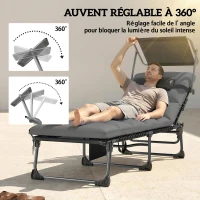Outsunny Lot de 2 transats pliants avec pare-soleil, chaises longues inclinables avec coussin, poche latérale et poignée de transport, gris foncé(m-4)
