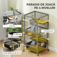 PawHut Cușcă pentru Animale Mici cu 4 Niveluri, Rampe, Platforme, Hamac și Roți, 52x52x115 cm, Gri(m-5)