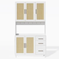 Küchenanrichte mit Geflochtenes Rattanfinish und goldene Metallgriffe, LED-Deko-Lichter, 100x40x183 cm, Weiß(m-1)