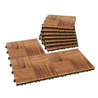 Outsunny Conjunto de 10 Estrados de Madeira de Acácia para Exterior 31x31 cm, 0,91 m² Estrado para Terraço Antiderrapantes Castanho-Escuro(m-10)