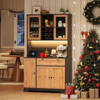 Küchen-Hochschrank mit Vitrine, fünf Türen, Schublade, verstellbare Einlegeböden, 105 x 40 x 180 cm, Naturfarbe(m-5)