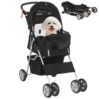 PawHut Pet Stroller for Small Miniature Dogs Cats Foldable Travel Carriage with Wheels Zipper Entry Cup Holder Storage Basket Black(m-10)