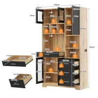 Vintage-Hochschrank im Bauernhausstil, LED-Lichtleiste mit Farbwechsel, 100 x 40 x 185 cm, Schwarz+Naturfarbe(m-3)