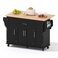 Mobile Kücheninsel mit verdeckter Besteckschublade, verstellbare Einlegeböden,Gewürzregal und Handtuchhalter, 136x45/70x92 cm, Schwarz+Naturfarbe(m-8)
