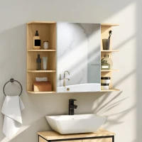 HOMCOM Bathroom Mirror Cabinet with Open Storage Shelves - Natural Wood Finish(m-2)