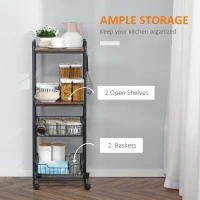 HOMCOM 4-Tier Rolling Kitchen Cart with 2 Baskets, Shelves and Side Hooks, 40 x 38 x 111 cm, walnut(m-4)