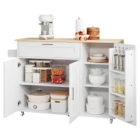 Mobiler Küchentisch mit ausklappbarer Arbeitsplatte, Schublade, Gewürzregal, Handtuchhalter, 132,5x44/70x90 cm, Weiß+Naturfarbe(m-7)