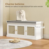 HOMCOM Banc chaussures entrée 9 paires, banc de rangement, 3 portes en rotin, coussin et étagère réglable, 105x35x47cm, blanc(m-4)