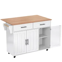 Kücheninsel auf 5 Rädern, ausklappbarer Klapptischplatte, 129x46/71x91,5 cm, Weiß+Naturfarbe(m-1)