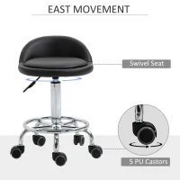 HOMCOM Set of 2 360° swivel rolling stools, seat adjustable 47-62H cm, chrome steel black synthetic upholstery(m-6)