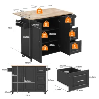 Große mobile Kücheninsel, klappbares Design, multifunktionaler Schrank mit 3 Schubladen, Handtuchhalter, 137 x 43/76 x 92 cm, Schwarz(m-3)