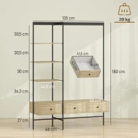 HOMCOM Porte-manteau avec étagères, tiroirs et tringle, portemanteau autoportant 180 cm style moderne, cadre métallique, Chêne(m-3)
