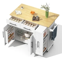 Mobile Kücheninsel mit ausklappbarer Arbeitsplatte, 3-stufigem ausziehbarem Schrank-Organizer, 120x40/65x90 cm, Weiß+Naturfarbe(m-7)