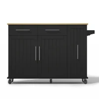 Mobile Kücheninsel mit ausklappbarer Arbeitsplatte, 3-stufigem ausziehbarem Schrank-Organizer, 120x40/65x90 cm, Schwarz+Naturfarbe(m-10)