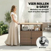 Outsunny Servierwagen Rattan Küchenwagen mit FSC Eukalyptusholz-Arbeitsplatte Ablagefach Rollen Seitengriff 95 x 54 x 84 cm(m-7)