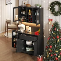 Küchen-Hochschrank mit Vitrine, fünf Türen, eine Schublade, verstellbaren Einlegeböden, 105x40x180 cm, Schwarz(m-6)