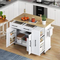 Mobile Kücheninsel mit ausklappbarer Arbeitsplatte, 3-stufigem ausziehbarem Schrank-Organizer, 120x40/65x90 cm, Weiß+Naturfarbe(m-2)