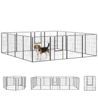 PawHut Welpenauslauf, modulares Design, 16 Elemente, 2 Türen, wetterfest, Stahl, 3,2 x 3,2 x 1 m, grau(m-11)