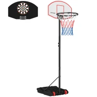 SPORTNOW Canasta de Baloncesto con Tablero de Dardos Altura Ajustable Base Rellenable y Ruedas 74x55x210-247 cm Negro(m-10)