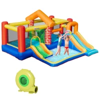 Outsunny Kids Bouncy Castle with Double Slides Pool Trampoline Climbing Wall w/ Blower(m-25)